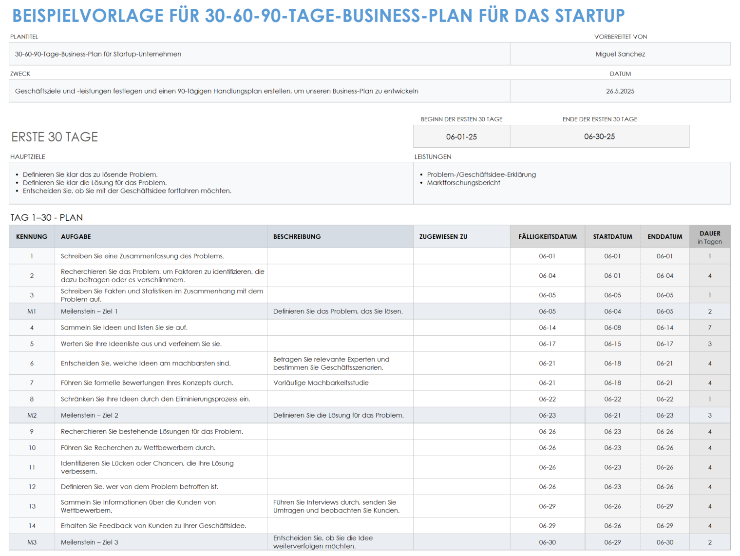  Beispielvorlage für einen 30-60-90-Tage-Geschäftsplan für ein Startup