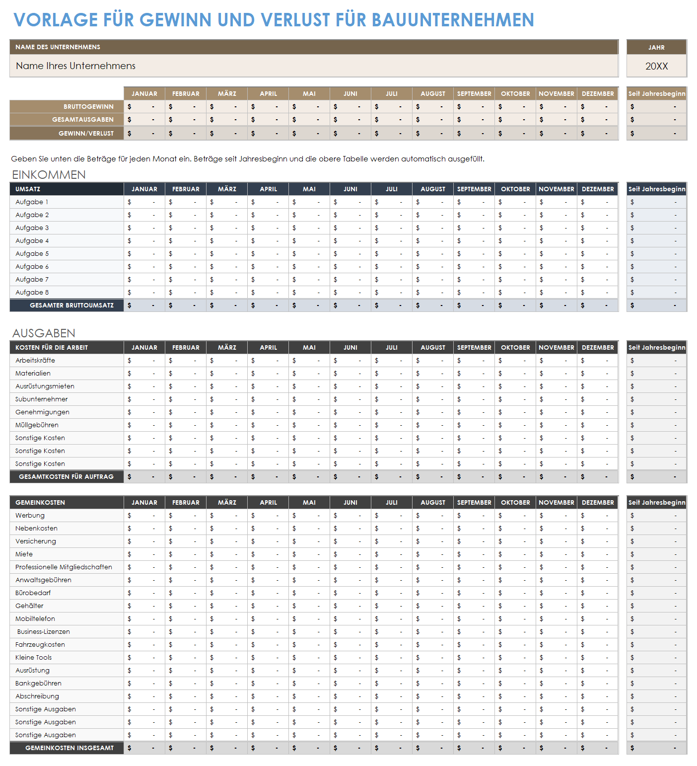 Vorlage für die Gewinn- und Verlustrechnung im Bauwesen