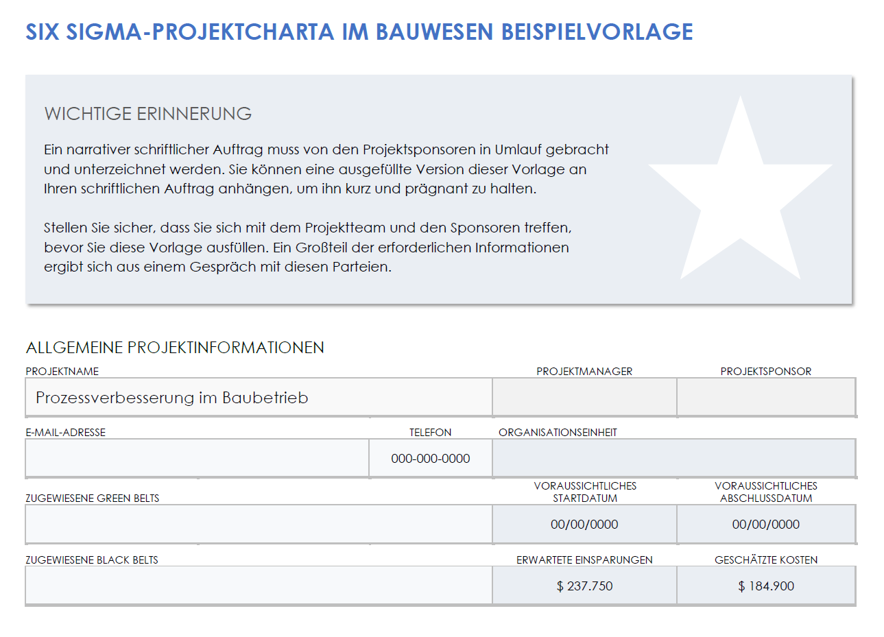  Beispielvorlage für eine Bau-Six-Sigma-Projektcharta