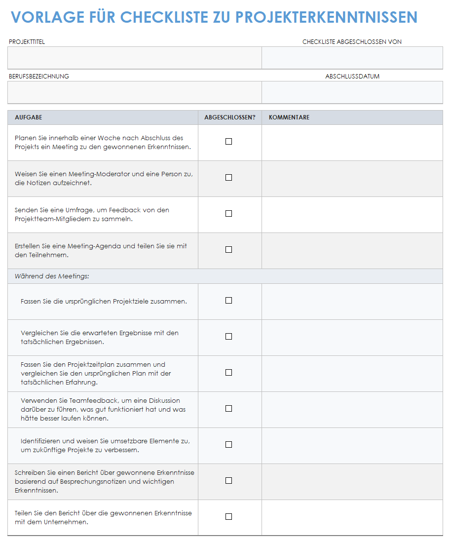 Checklistenvorlage für gewonnene Erkenntnisse aus dem Projekt