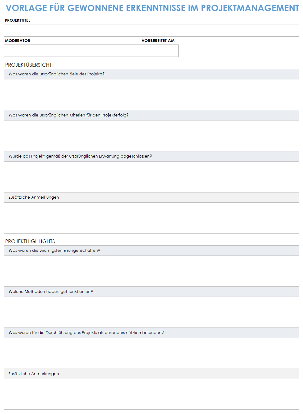  Vorlage für gewonnene Erkenntnisse aus dem Projektmanagement