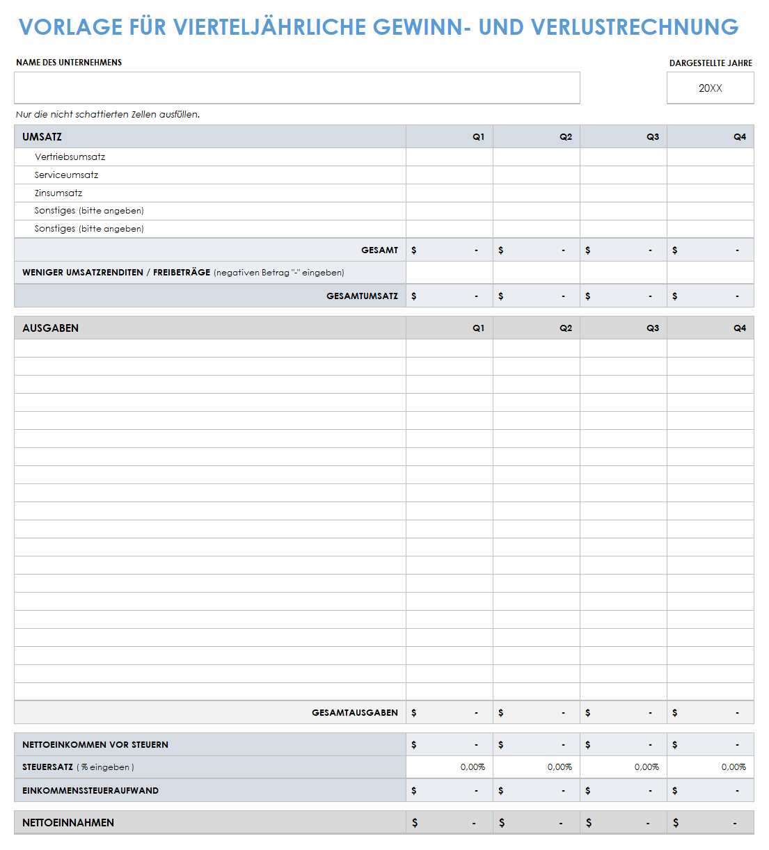 Vorlage für eine vierteljährliche Gewinn- und Verlustrechnung