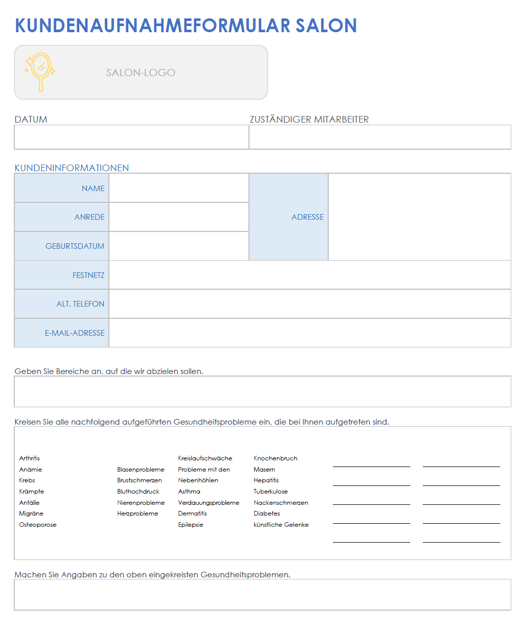  Vorlage für ein Salon-Kundenaufnahmeformular