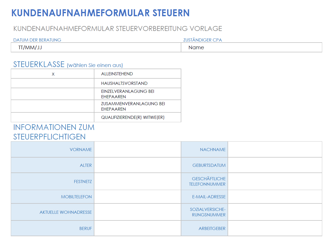 Vorlage für das Aufnahmeformular für Steuerkunden