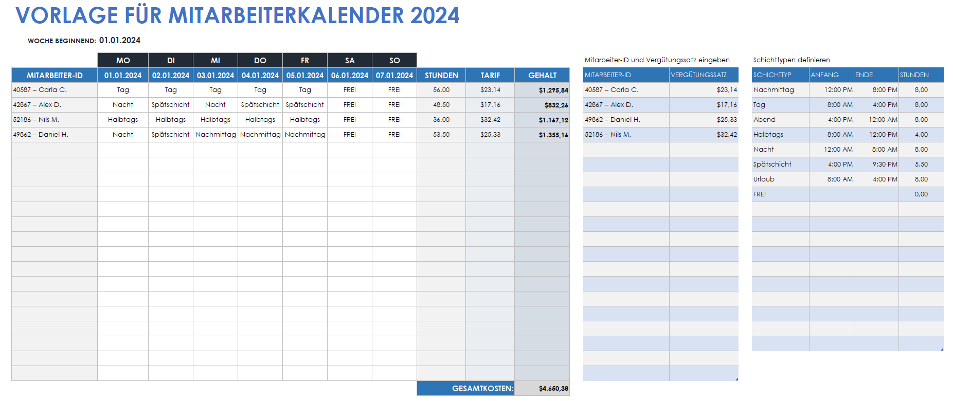  Vorlage für den Mitarbeiterkalender 2024