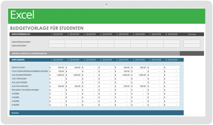  Budgetvorlage für College-Studenten