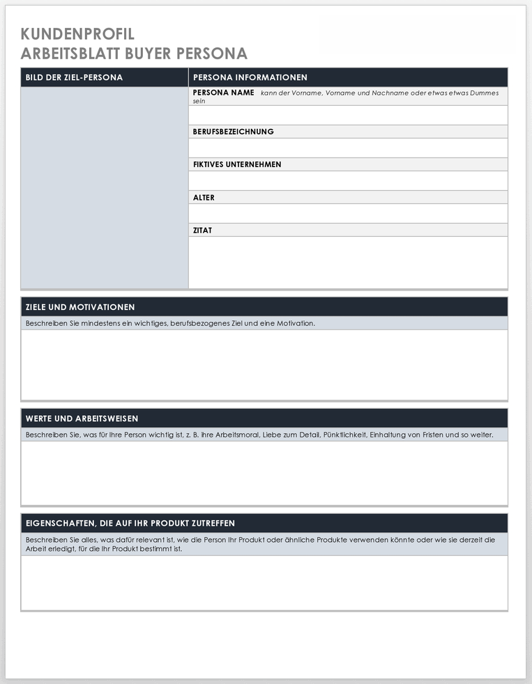 Kundenprofil Käufer Persona Arbeitsblatt Vorlage