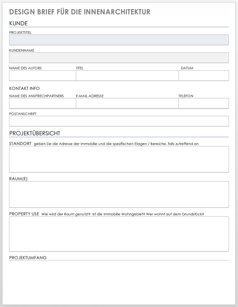Design-Briefing für Innenarchitektur-Vorlage