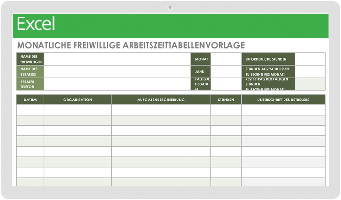 Monatliche Vorlage für Freiwilligenarbeitsblätter