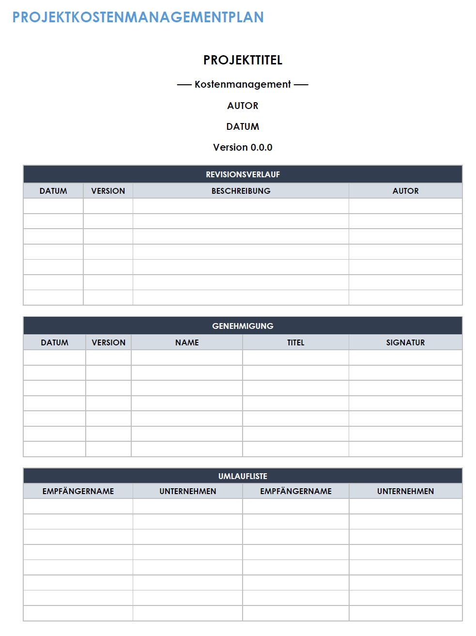 Vorlage für einen Projektkostenmanagementplan