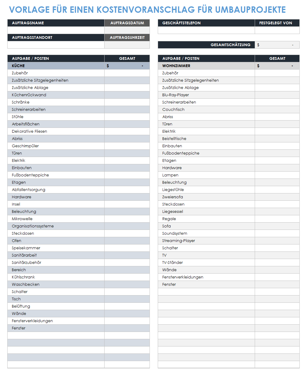 Vorlage für einen Kostenvoranschlag für ein Umbauprojekt