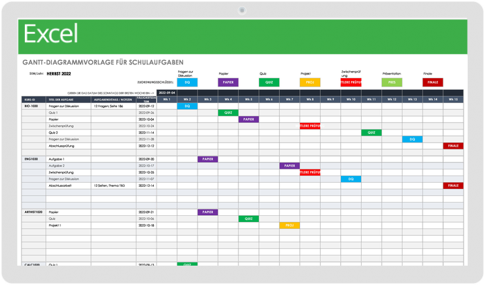 Gantt-Diagrammvorlage für Schulaufgaben