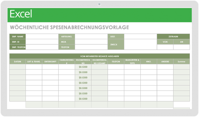 Vorlage für wöchentliche Spesenabrechnungen